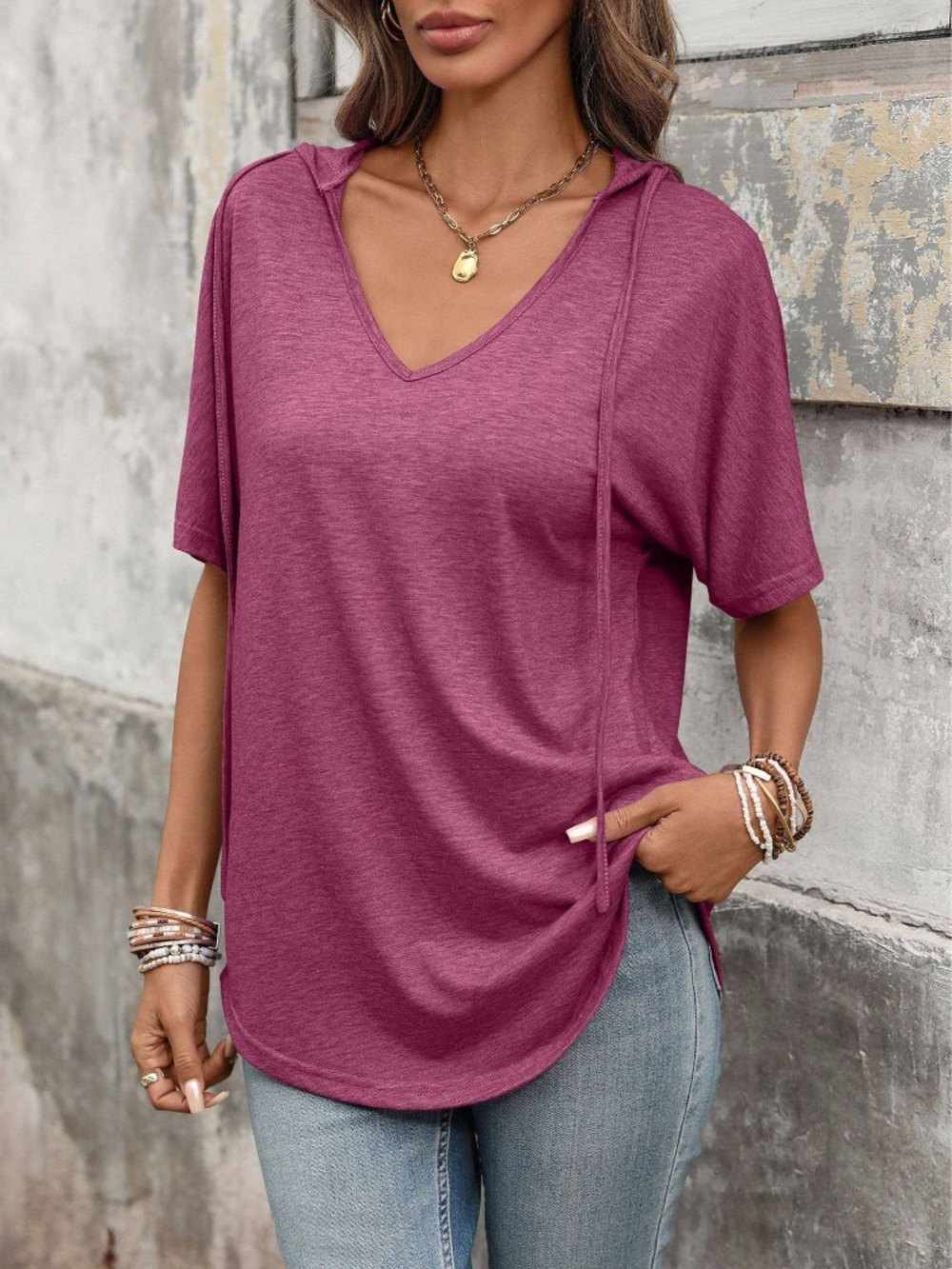 T-shirt Top with Hoodie.  Comfort Longer Hem.